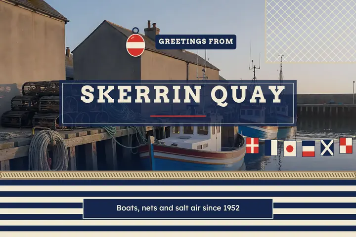 Harbor town greetings postcard, fisherman nautical template