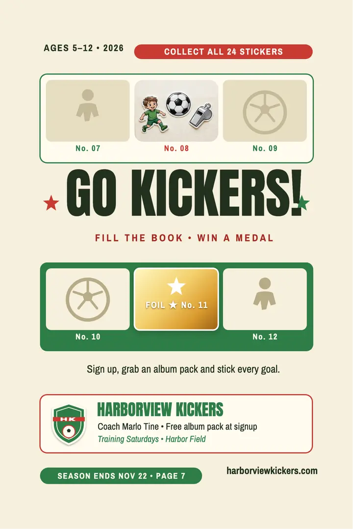 Harborview Kickers sticker album poster template