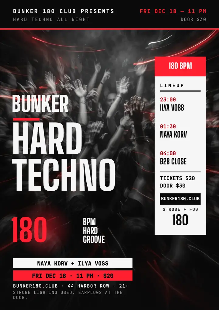 Bunker 180 hard techno night flyer template
