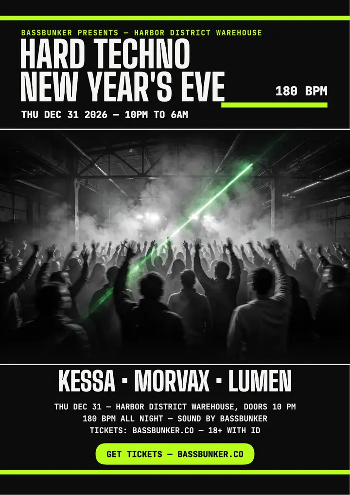 Bassbunker hard techno NYE warehouse flyer template