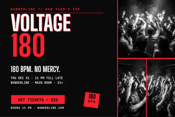 Voltage 180 NYE hard techno night postcard template