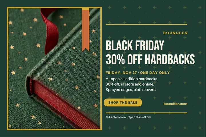 Boundfen Black Friday hardback postcard: black friday bookstore postcard template