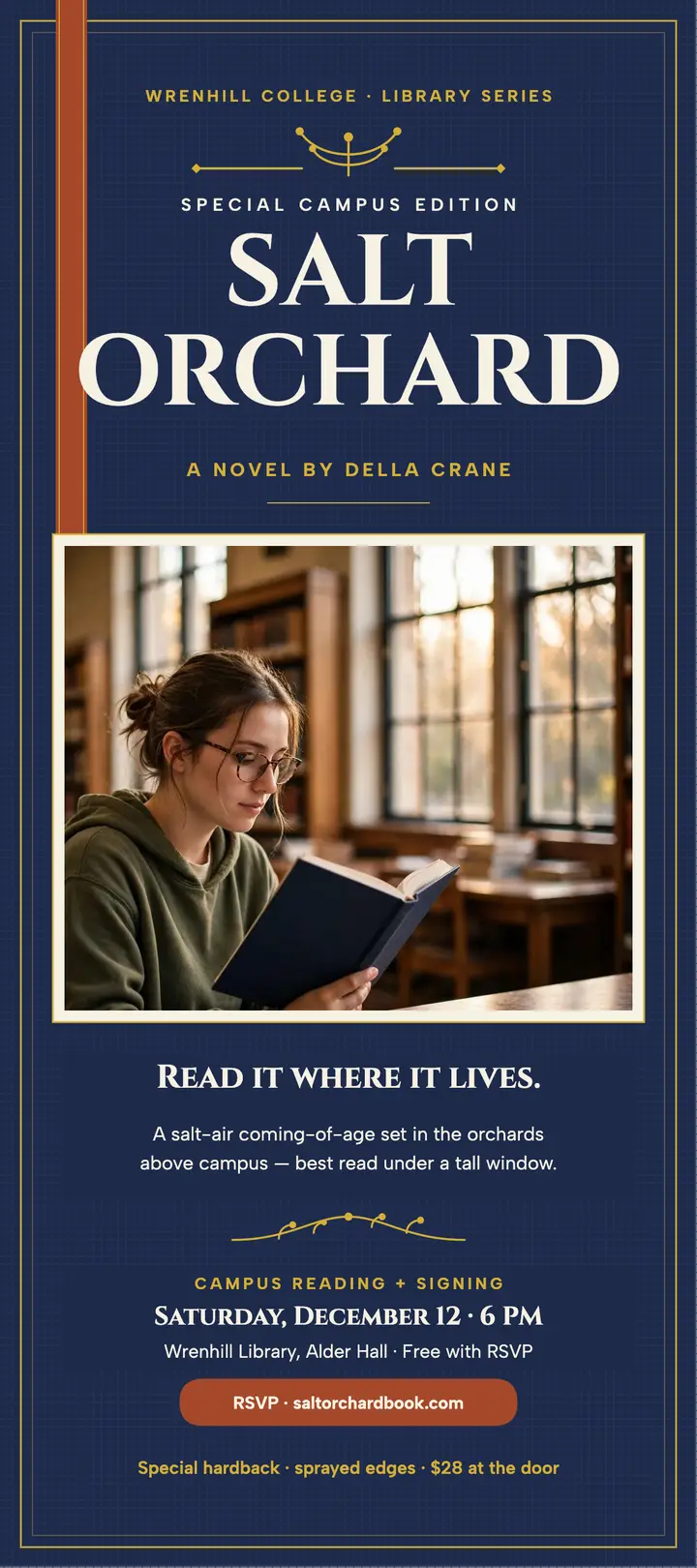 Salt Orchard campus edition rack card: campus novel rack card template