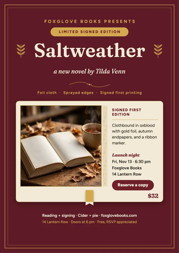 Saltweather signed hardback launch flyer: book launch flyer template