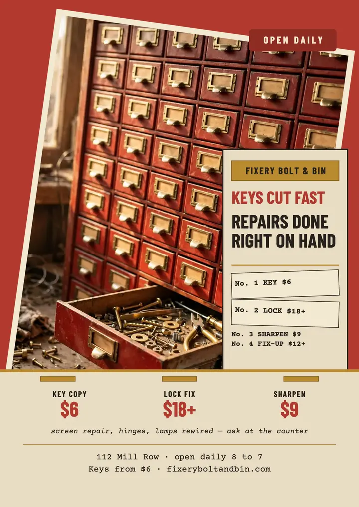 Fixery Bolt and Bin hardware services flyer template