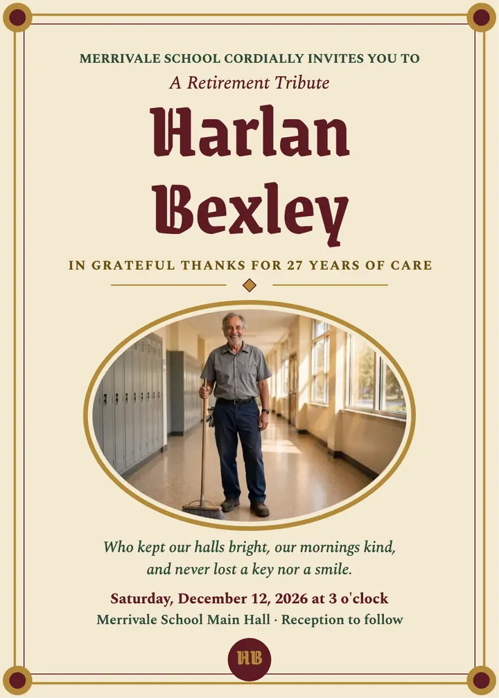 Harlan Bexley retirement tribute invitation template