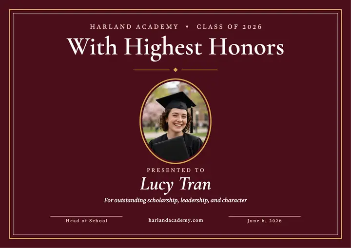 Harland Academy graduation honors certificate: graduation certificate template