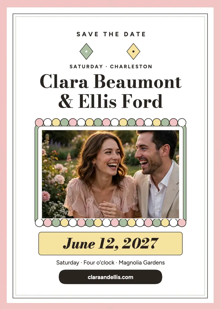 Clara and Ellis harlequin save the date template