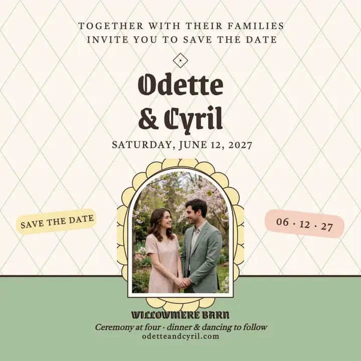 Odette and Cyril harlequin save the date template