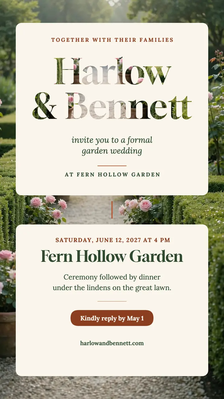 Harlow and Bennett boxwood garden wedding story: garden wedding invitation story template