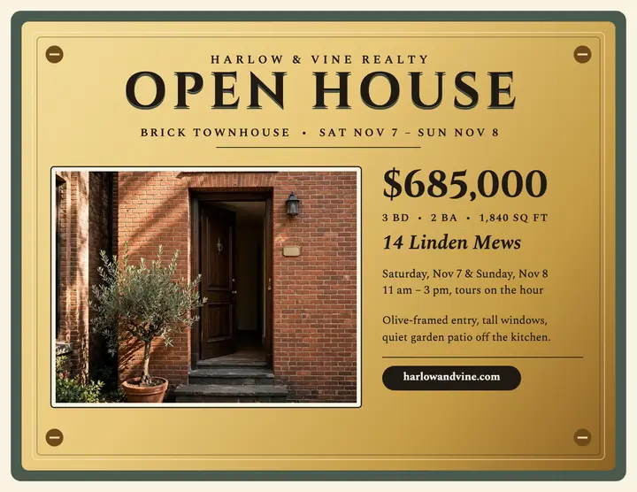 Harlow and Vine brass open house flyer template