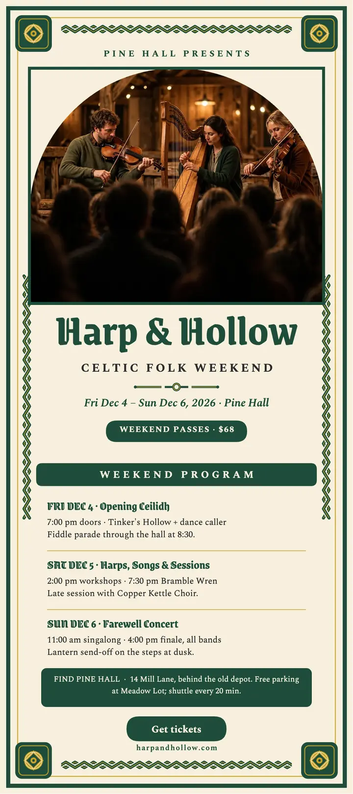 Harp and Hollow folk weekend rack card template