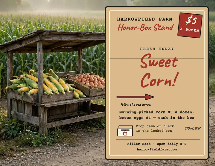 Harrowfield sweet corn honor box flyer: farm stand flyer template