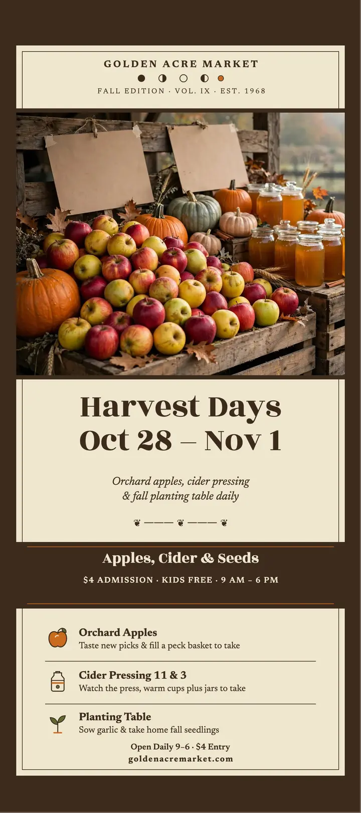 Golden Acre Harvest Days rack card: harvest market rack card template