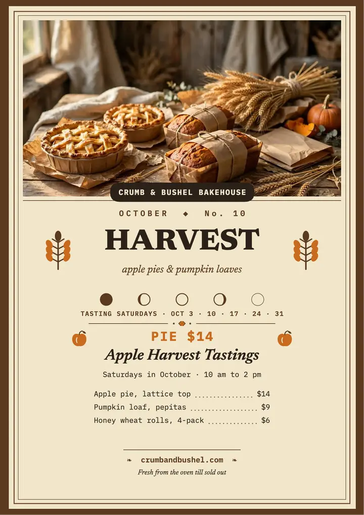 Crumb and Bushel harvest bakery flyer template