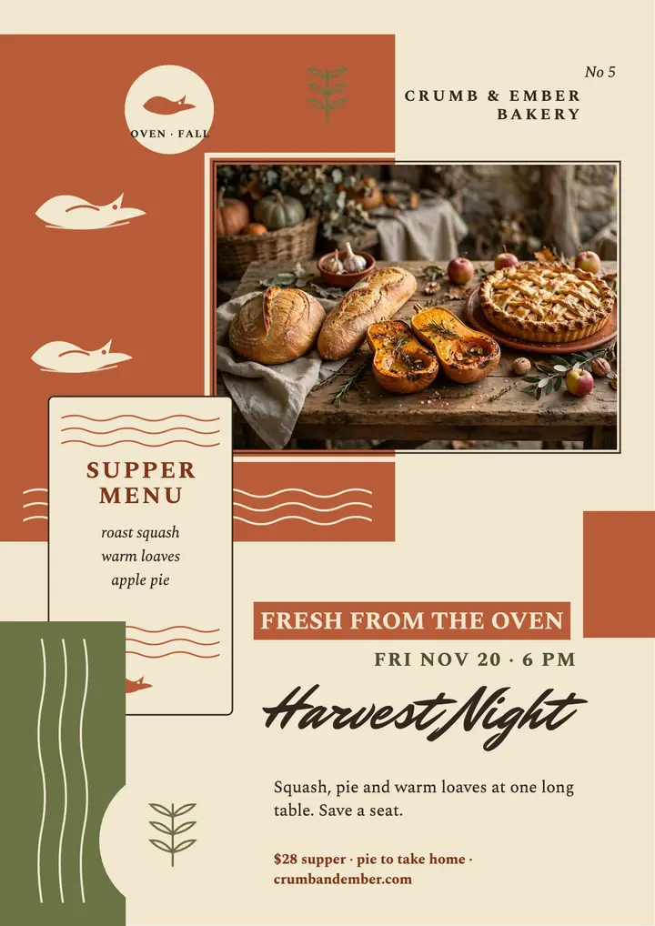 Crumb and Ember harvest dinner flyer template