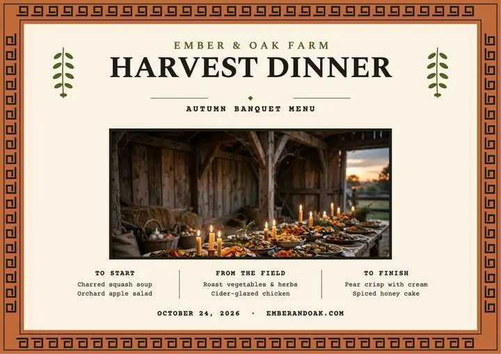 Ember and Oak harvest dinner menu certificate template
