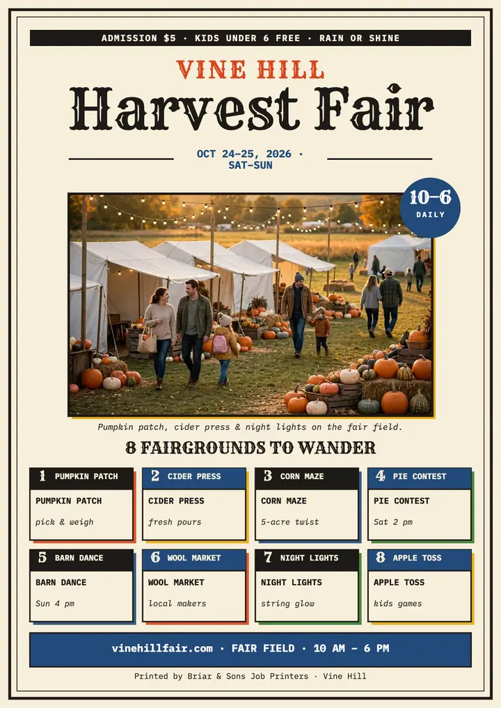 Vine Hill Harvest Fair broadsheet flyer template