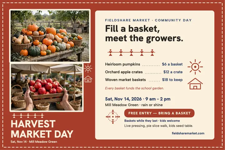 Fieldshare harvest market day postcard: harvest market postcard template