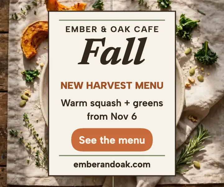 Ember and Oak harvest menu spread ad template