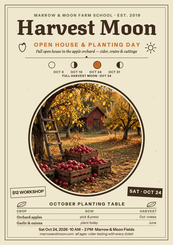 Marrow and Moon harvest open house flyer: farm open house flyer template