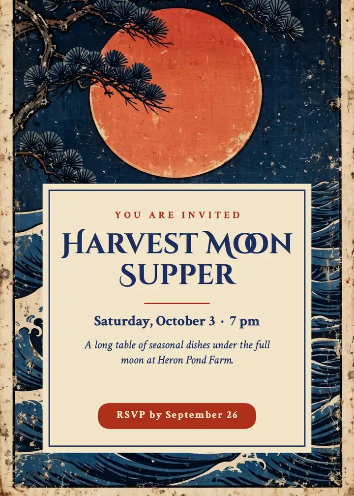 Harvest moon supper invitation, ukiyo-e woodblock template
