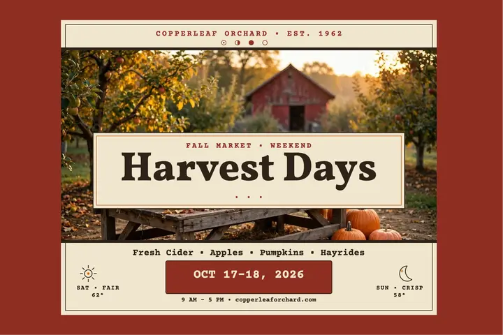 Copperleaf Orchard harvest weekend postcard template