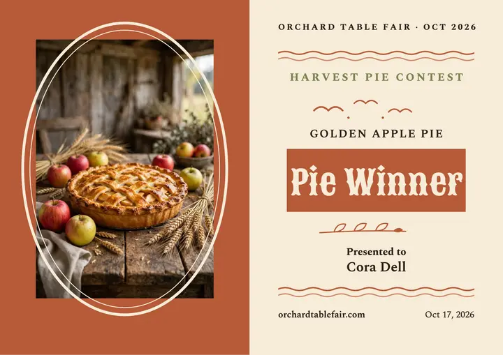Orchard Table Fair pie winner certificate template