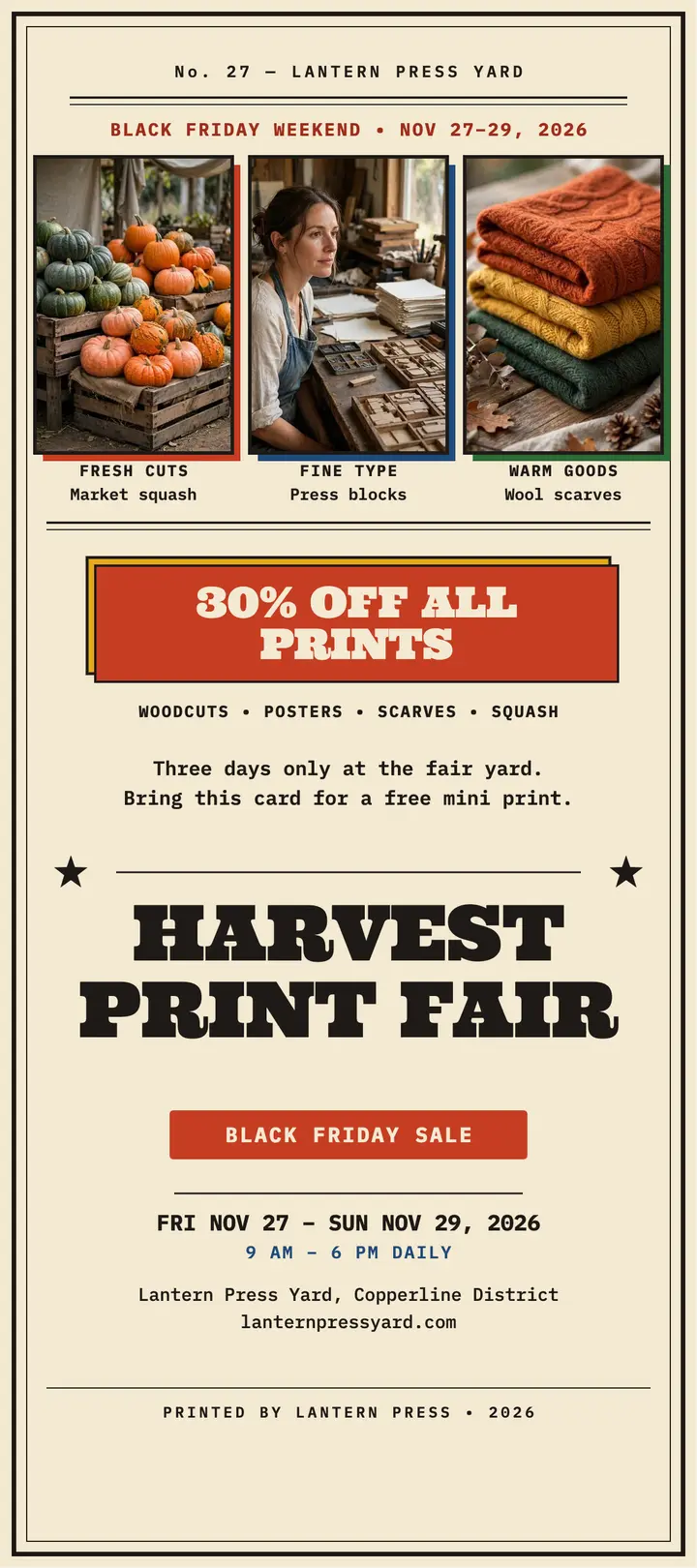 Harvest Print Fair sale rack card: print fair sale rack card template
