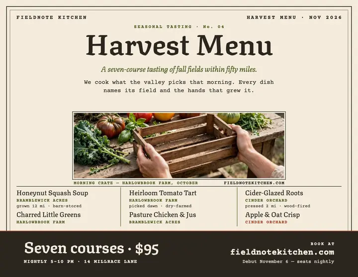 Fieldnote Kitchen harvest menu flyer template