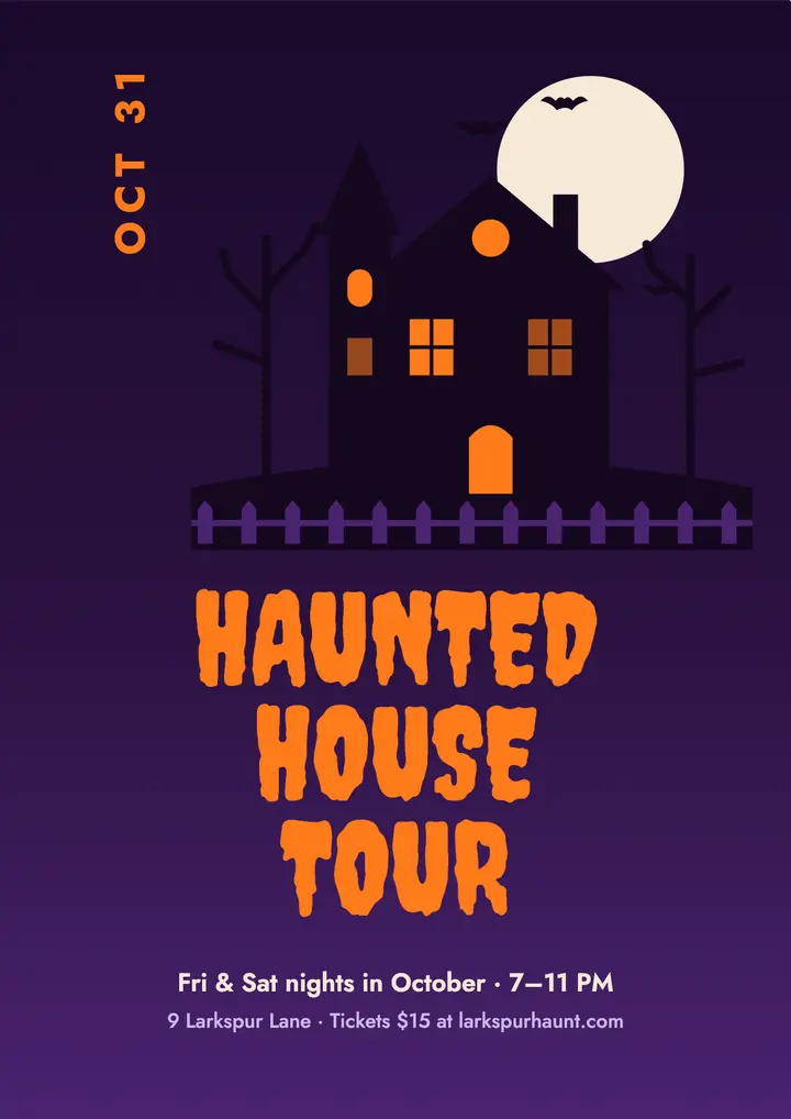 Pumpkin and purple haunted house tour flyer template
