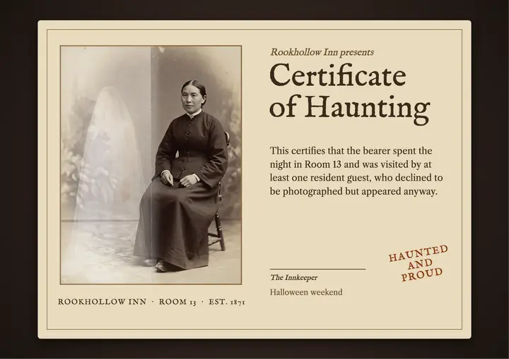 Rookhollow Inn certificate of haunting, spirit photograph template