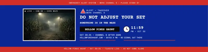 Hollow Pines Haunt TV alert banner: halloween haunted house banner template