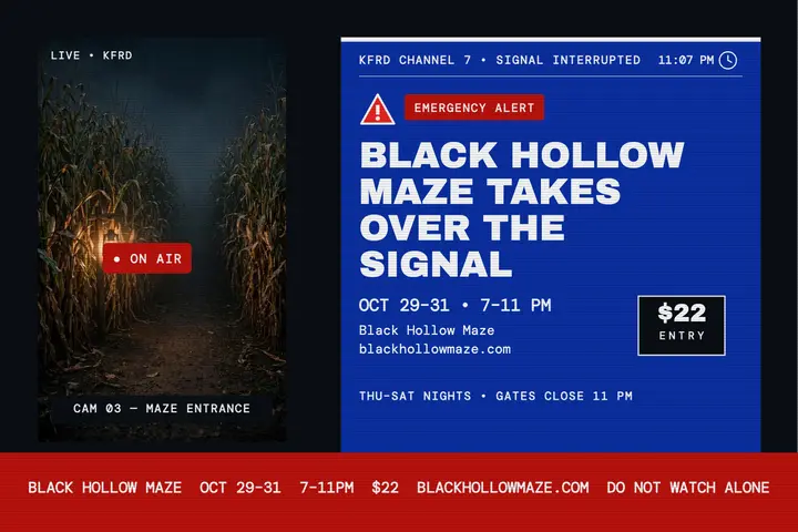 Black Hollow Maze TV alert postcard: haunted maze alert postcard template