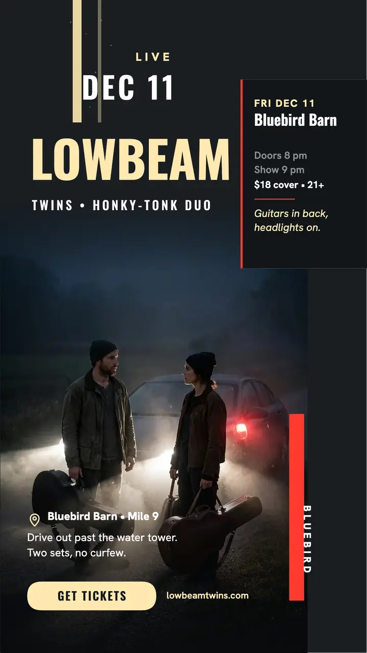 Lowbeam Twins late gig story: honky-tonk gig story template