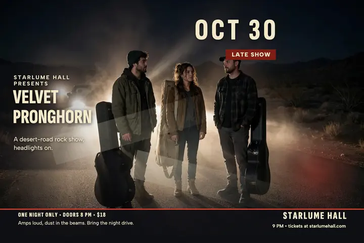 Velvet Pronghorn desert gig postcard: rock show postcard template