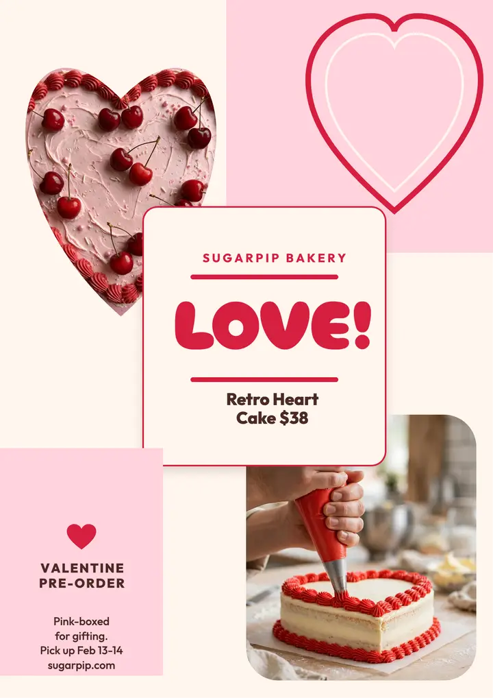 Sugarpip Bakery Valentine heart cake flyer template
