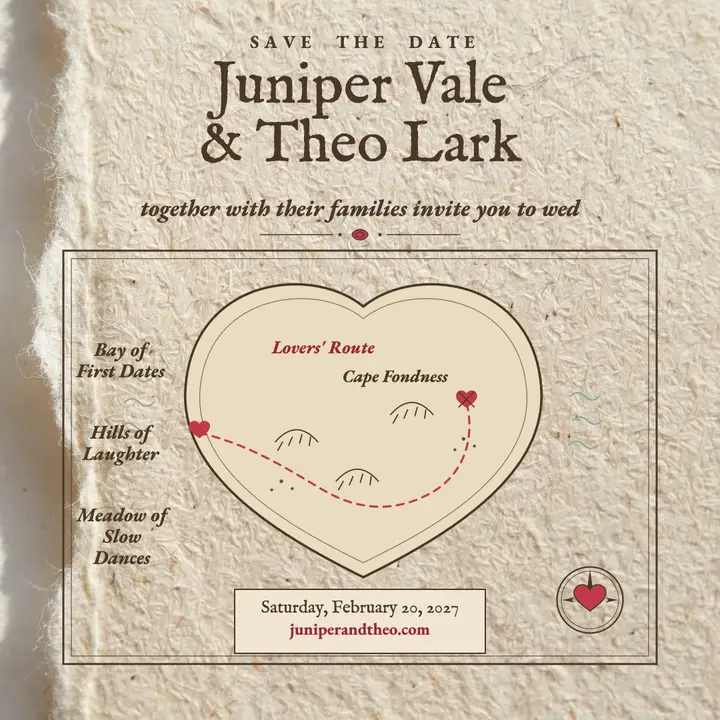 Juniper and Theo heart map save the date template
