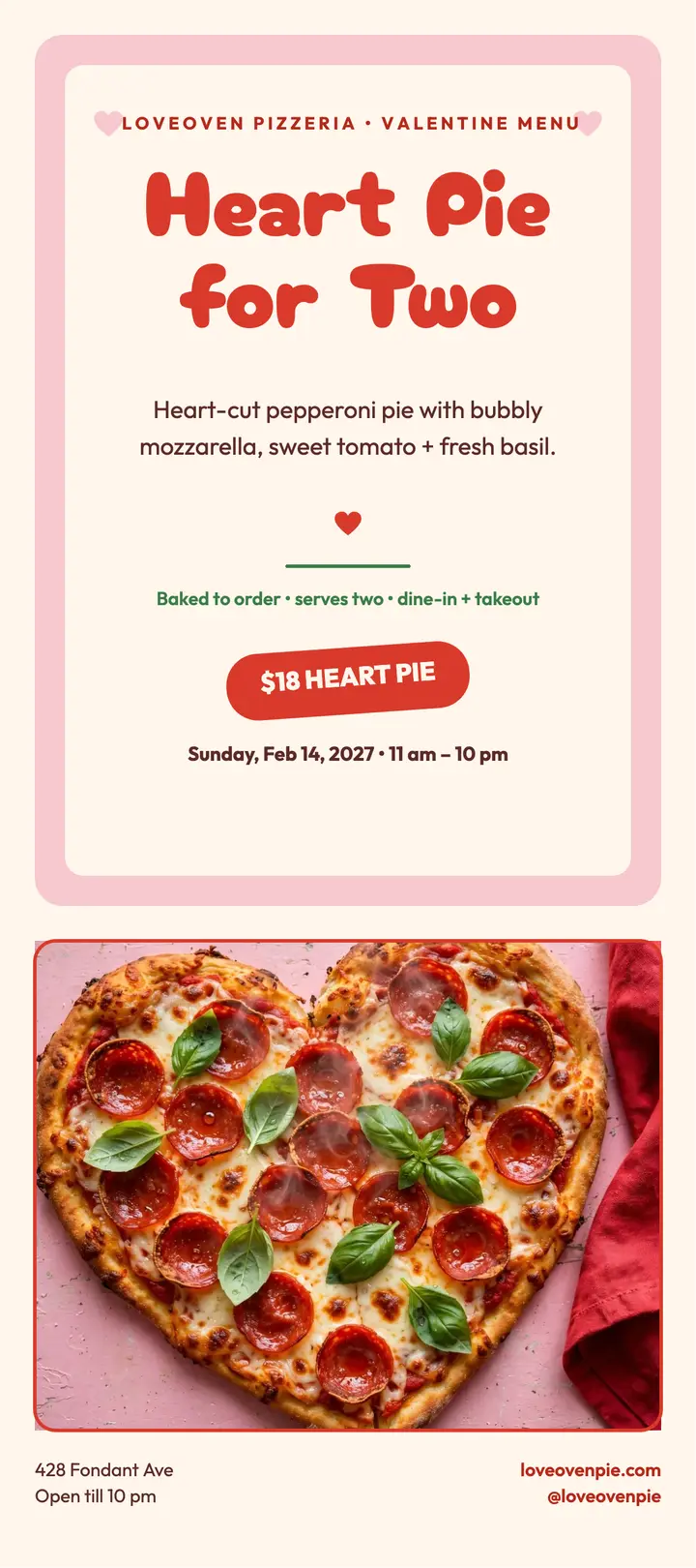 Loveoven heart pizza Valentine rack card: heart pizza rack card template