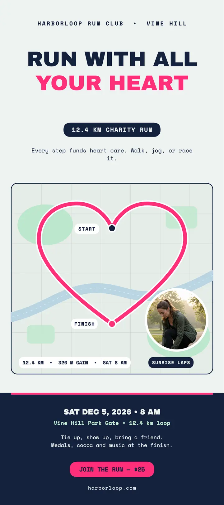 Harborloop heart route charity run card: charity run rack card template