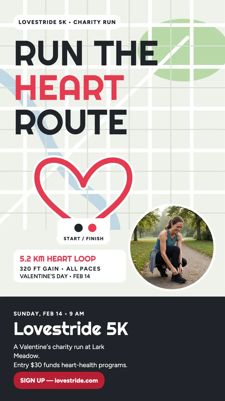 Lovestride 5K heart route run story template