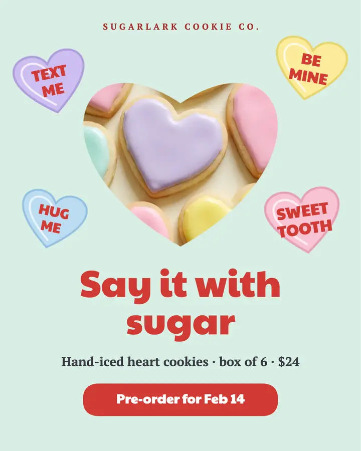 Sugarlark Cookie Co. heart cookie box post, conversation hearts template