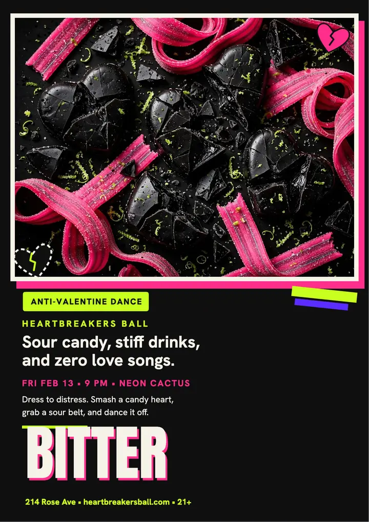 Heartbreakers Ball sour hearts flyer: anti-valentine dance flyer template
