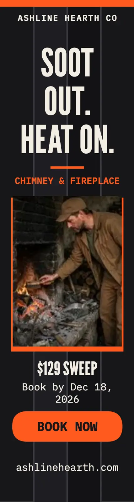 Ashline Hearth chimney repair skyscraper ad: chimney sweep ad template