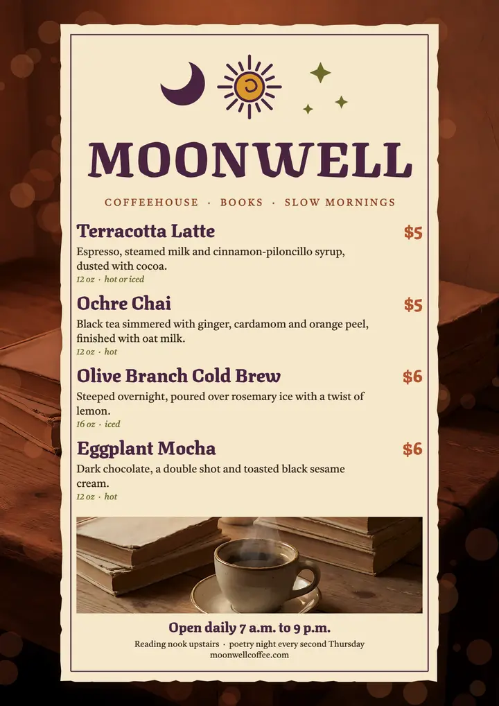 Moonwell Coffeehouse drinks menu flyer template