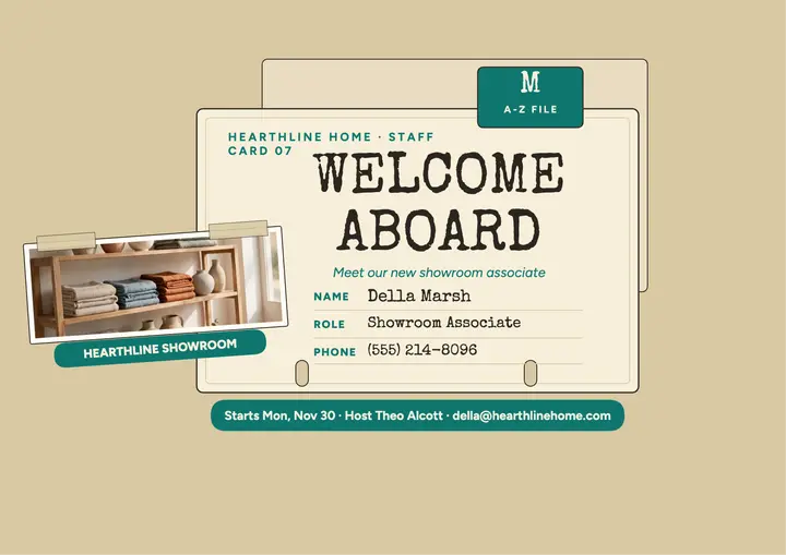 Hearthline welcome card, Della Marsh: welcome aboard card template