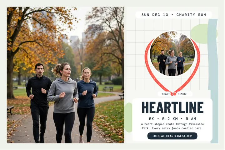 Heartline 5K charity run postcard: charity run postcard template