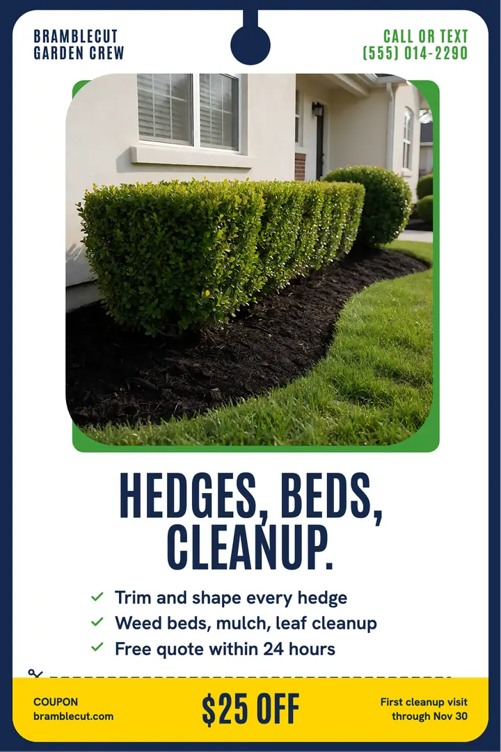 Hedge trimming and garden cleanup door hanger with coupon template