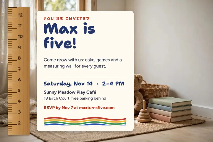 Max turns five birthday postcard, height chart ruler template