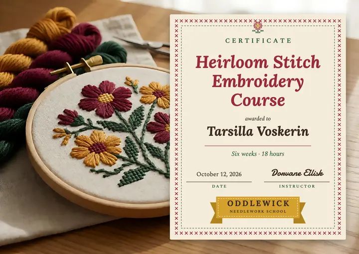 Heirloom Stitch embroidery course certificate template
